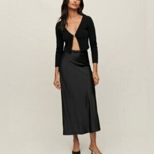NEW Reformation Layla Silk Midi Skirt Elastic Waist in Black | US 4 UK 8